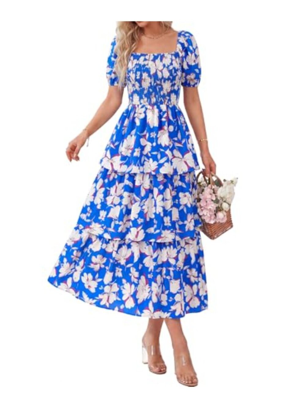 Women's Square Neck Smocked Maxi Dress - Floral Puff Sleeve Boho Tiered Ruffle
